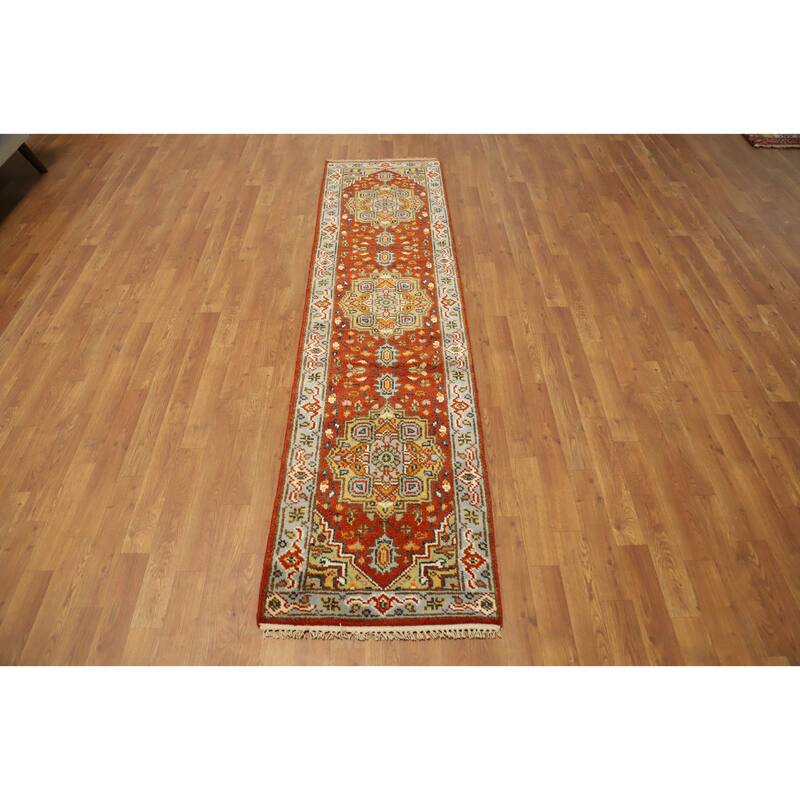 Hand Knotted Oriental 100% Wool Carpet Traditional Geometric Oranges & Rust Heriz (serapi) Runner Rug - 7' 11'' X 2' 0''