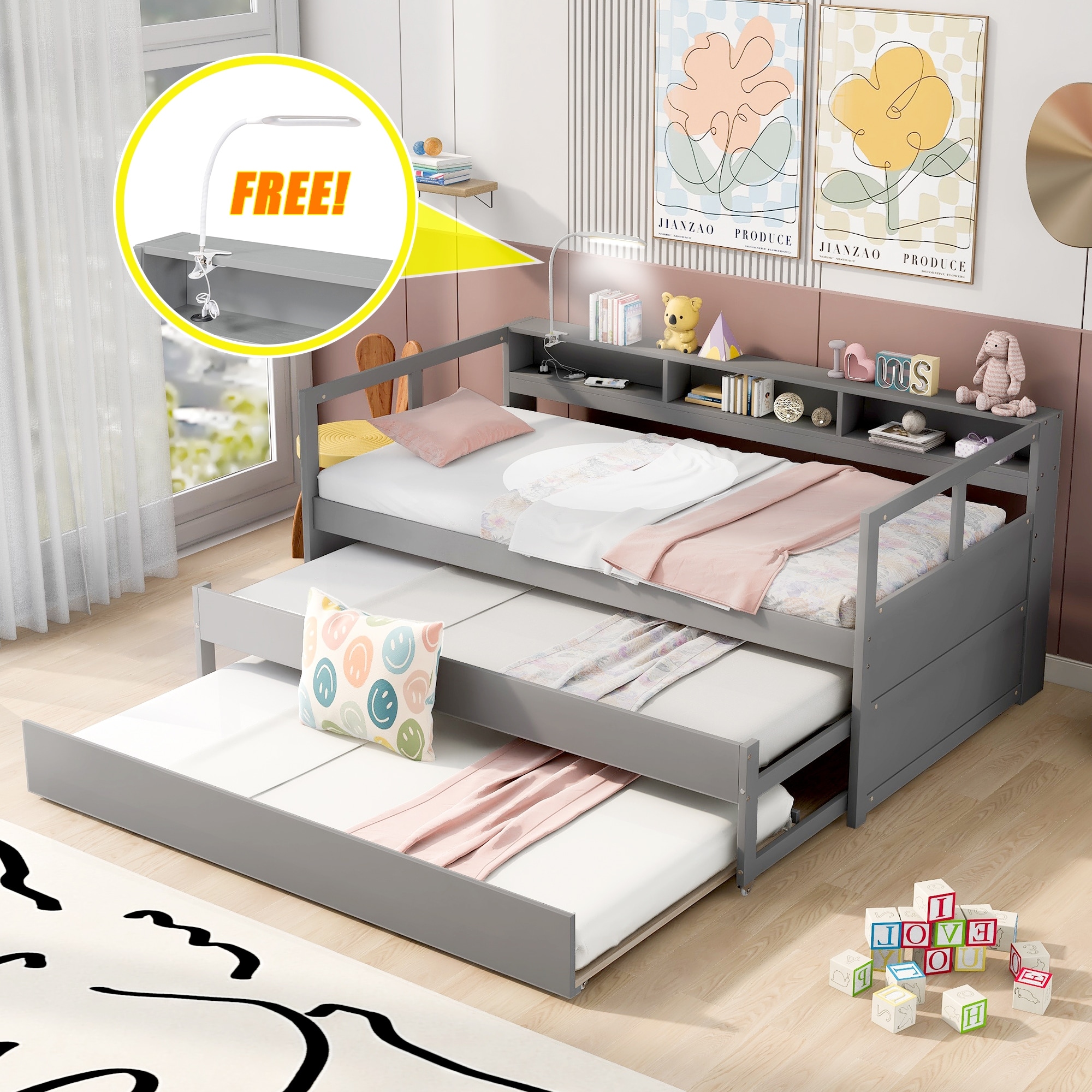 Grey Twin XL Solid Wood Daybed with 2 Trundles, 3 Storage Cubbies, Built-in Light & USB Charging Port