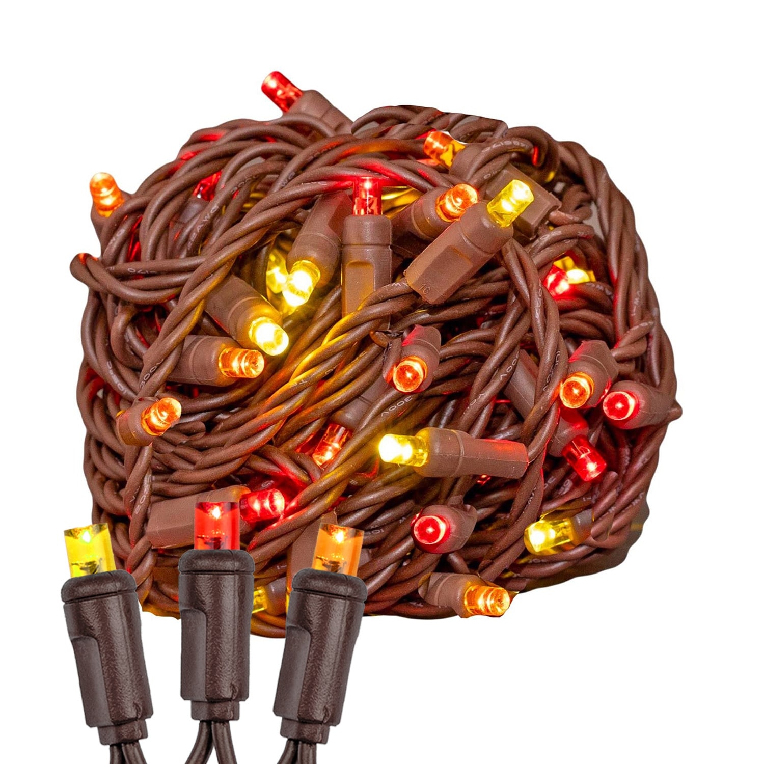 50 Light LED Christmas Mini Light Set, Patio Lights, Yellow/Red/Orange, Brown Wire, 25’ - Large
