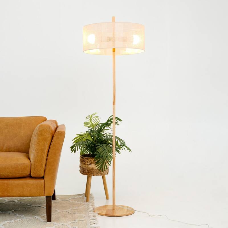 Modern Natural Oak Living Room Floor Lamp with Linen Shade - Brown