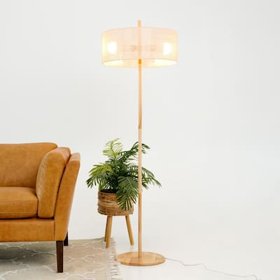 Modern Natural Oak Living Room Floor Lamp with Linen Shade - Brown