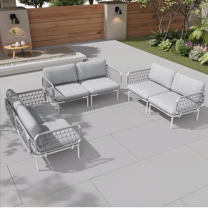 Pellebant Outdoor Patio Aluminum PE Rattan Sectional Sofa Conversation Seating Set with Cushions - Set of 6 - LightGrey