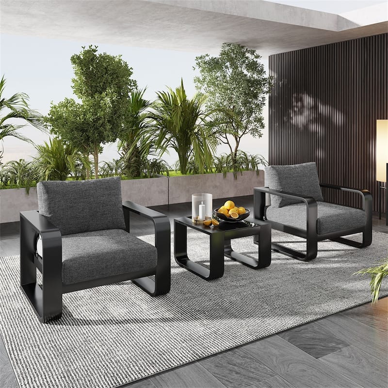 3-Piece Aluminum Outdoor Patio Chairs and Coffee Table Set with Cushions - Black