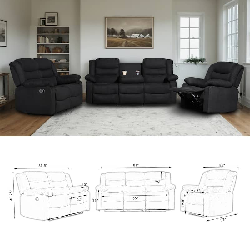 Modern 3-Piece Manual Reclining Living Room Sofa Set with Dropdown Table and Console