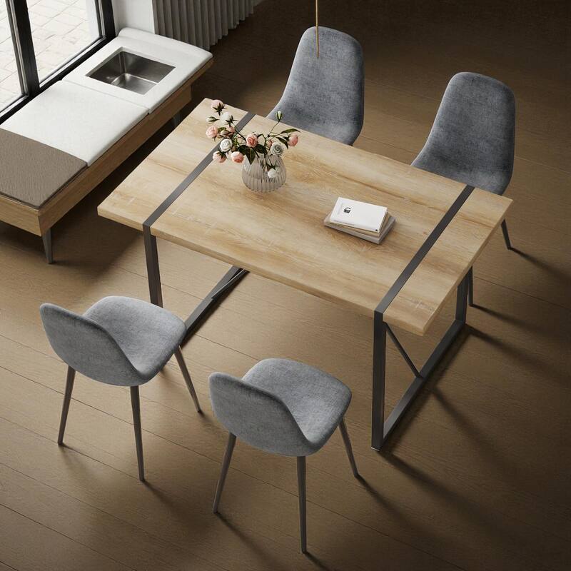 5-Piece Modern Medieval Dining Table Set with 4 Upholstered Chairs, Rustic Industrial Wood Dining Table for Dining Room - Grey