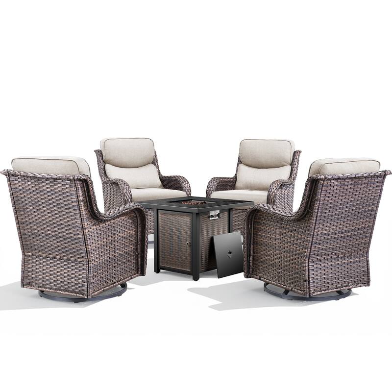 Meyreso 5-Piece Outdoor Patio Wicker Fire Pit 4 person Conversation Set with 5-Inch Thick Cushions