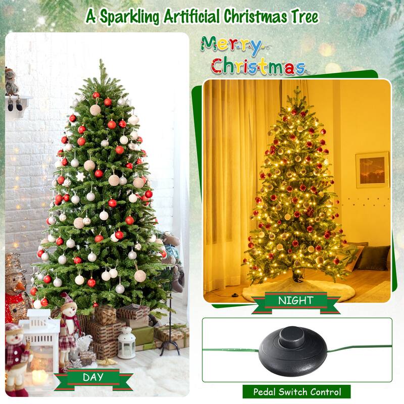 Gymax 6/7/8 ft Pre-Lit Christmas Tree Artificial Hinged Xmas Tree w/