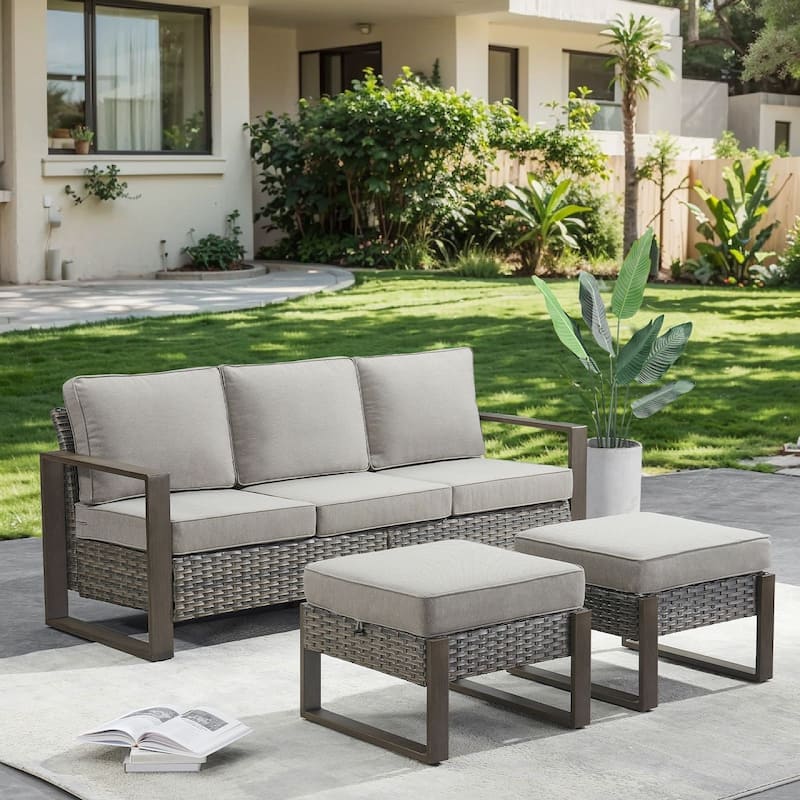 Pocassy 3 Pieces Outoor Patio Sofa Chair Ottoman Set - Gray cushion - Gray Wicker