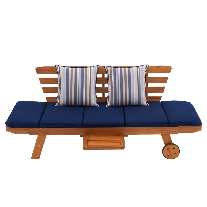Outdoor Daybed Wooden Folding Lounge Chair with Front Tray and Wheels