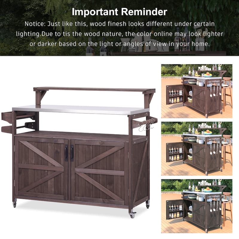 53.3" Outdoor Kitchen Island with Stainless Steel Top, Raised Shelf Solid Wood Storage Cabinet Outdoor Rolling Grill Cart