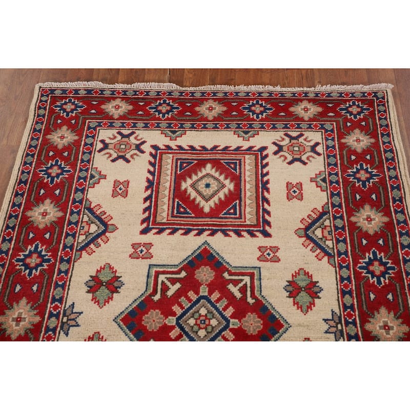 Ivory Geometric Kazak Oriental Accent Rug Hand-Knotted Wool Carpet - 3'7"x 5'0"