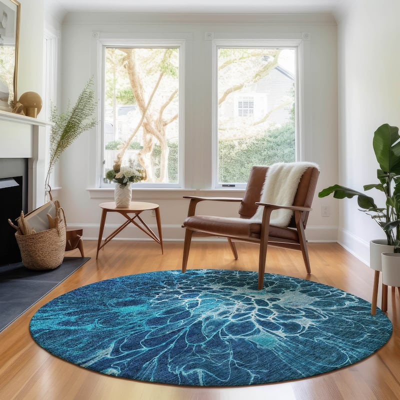 Premium Washable Super Soft Modern Floral Mayfield Rug - Navy - 8' x 8' - Round
