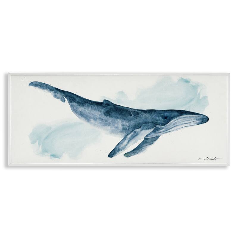 Stupell Nautical Humpback Whale Marine Animal Blue Watercolor Painting Framed Wall Art - White