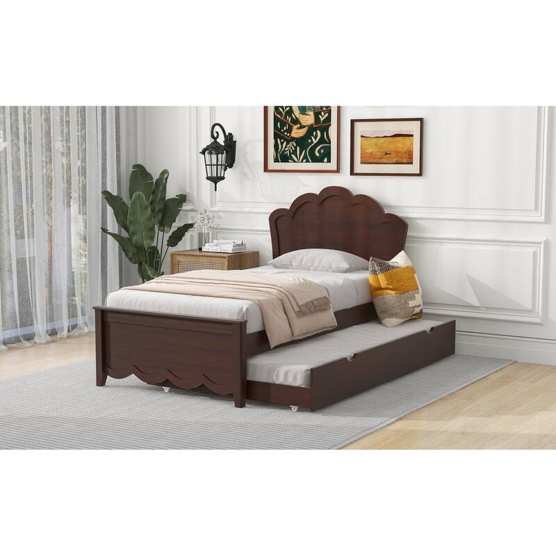 Twin Size Wood Platform Bed with Headboard and Twin Size Trundle