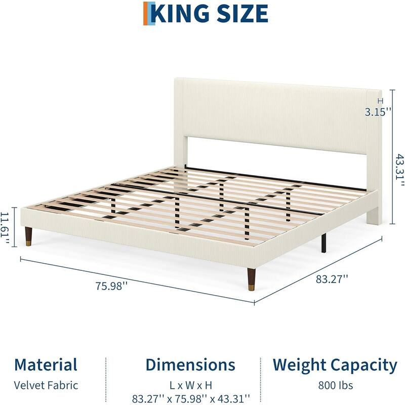 Soft Corduroy Fabric Platform Bed Frame with Upholstered Headboard, White