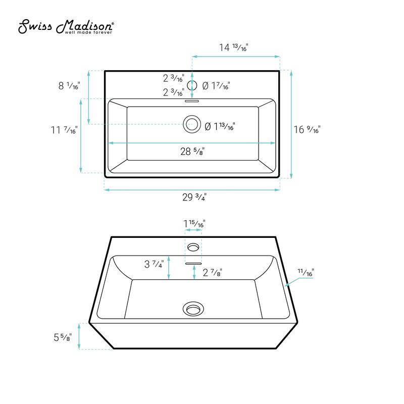 Reims 30" Rectangle Wall-Mount Bathroom Sink In Matte Black - 29.75" x 16.55" 5.65"