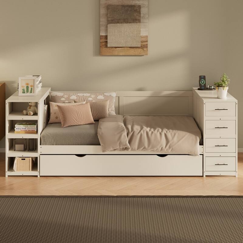 Multifunctional Wooden Daybed with Abundant Storage and Modern Design for Bedroom