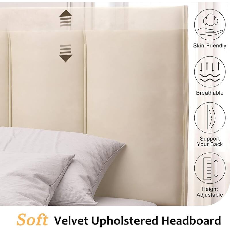 Upholstered Velvet Upholstered Bed Frame with Adjustable Height Headboard No Box Spring Needed Platform Bed Under Bed Storage
