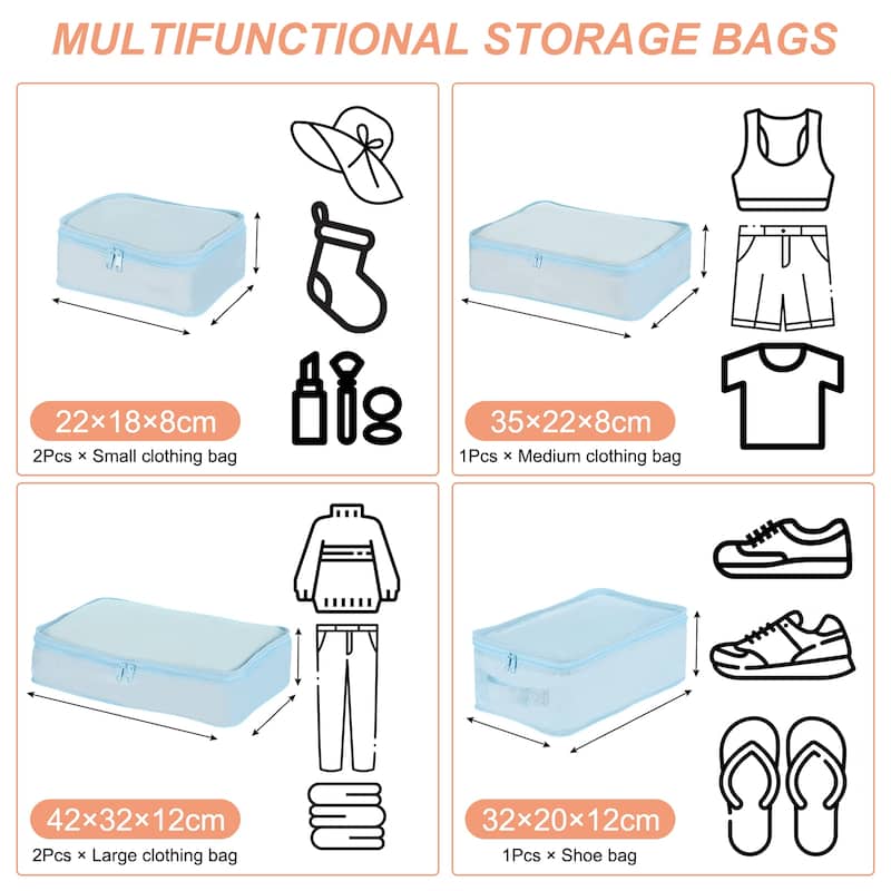 6Set Packing Cube Travel Storage Bags Waterproof Luggage Organizer Bag - Blue