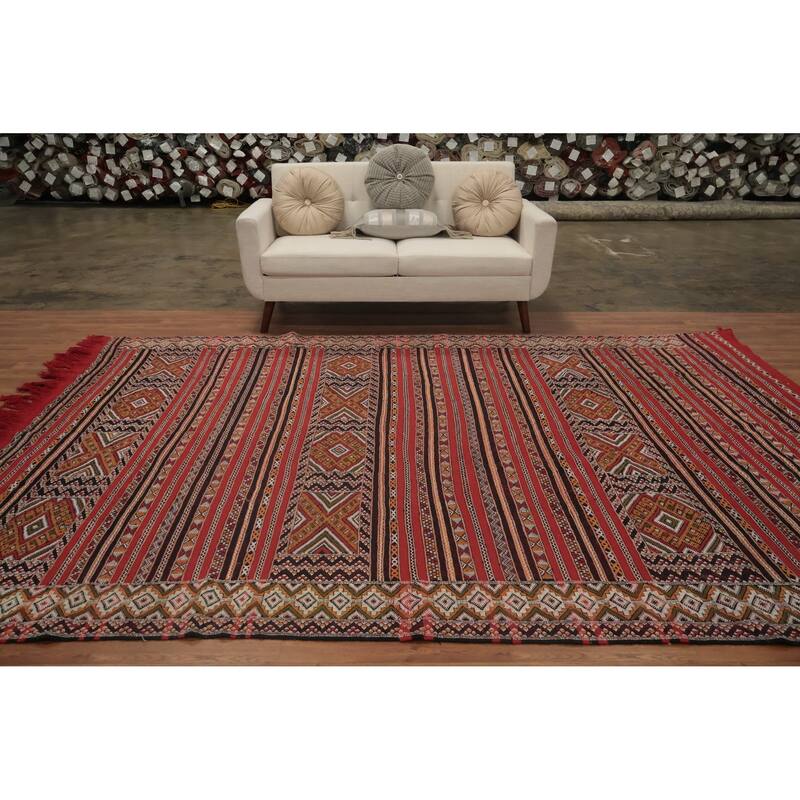 Hand Woven Oriental 100% Wool Carpet Tribal Geometric Red Kilim-Moroccan Area Rug - 11' 0'' X 7' 4''
