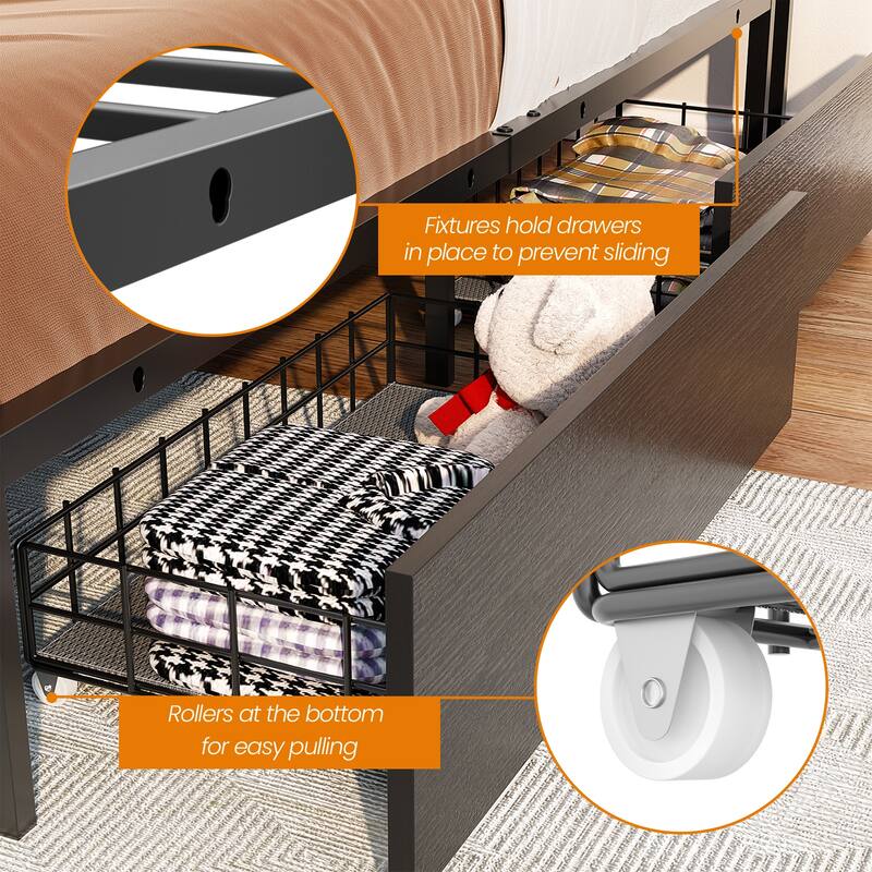 Platform Bed with Hiden Drawers, Bed Frame with Headboard and Charging Station