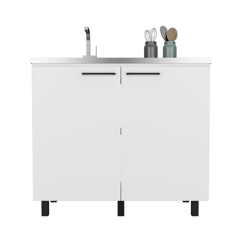 2-Door Freestanding Utility Base Cabinet with Stainless Steel Countertop, Black Finish, Large Shelf for Storage