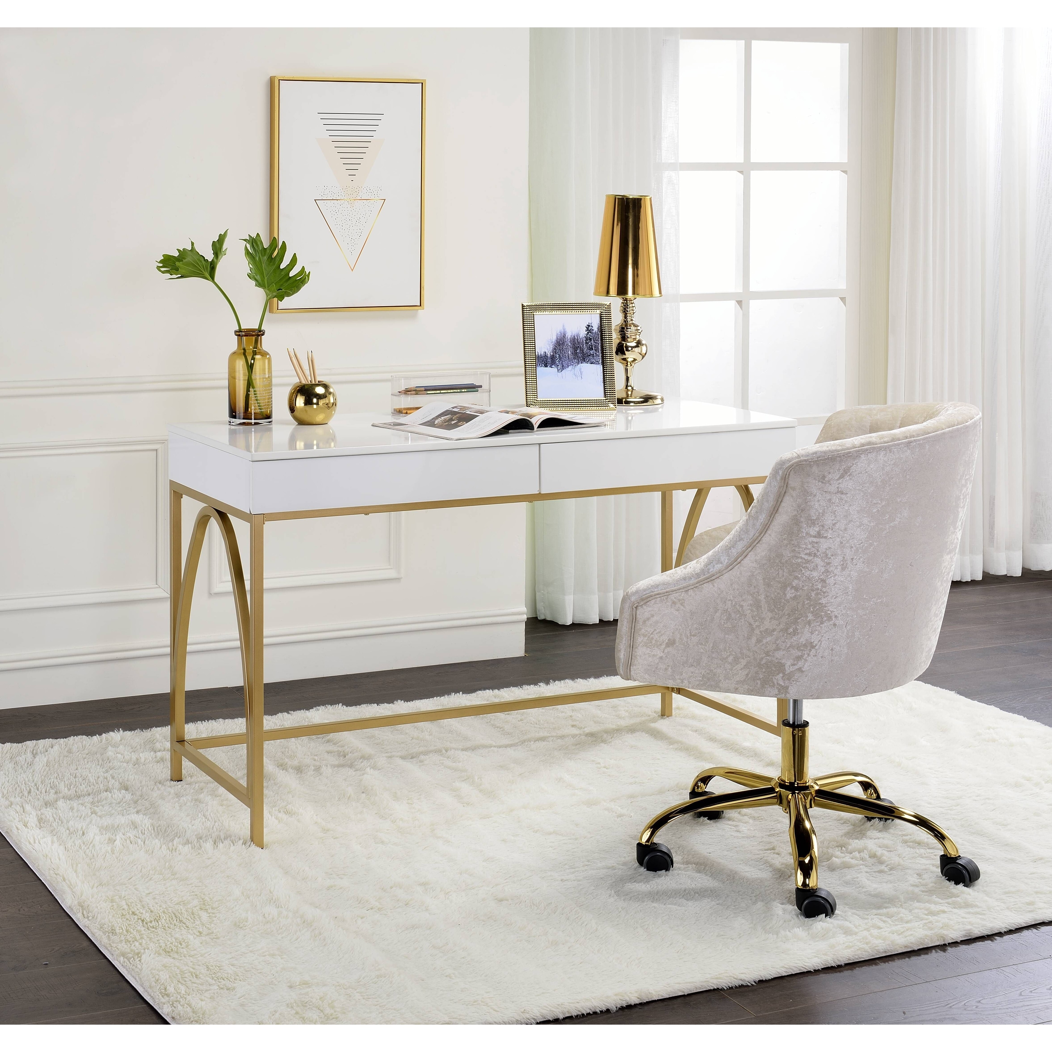 White High Gloss & Gold Finish Vanity Desk