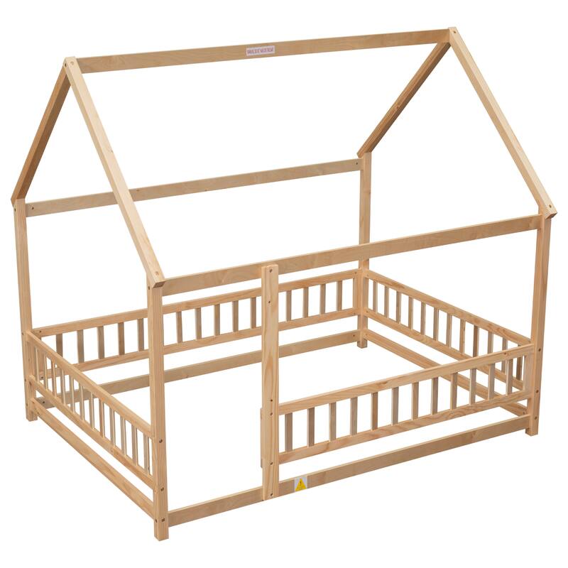 Full Size Wooden Floor Bed with House Roof Frame, Fence Guardrails for Kids, Bedroom