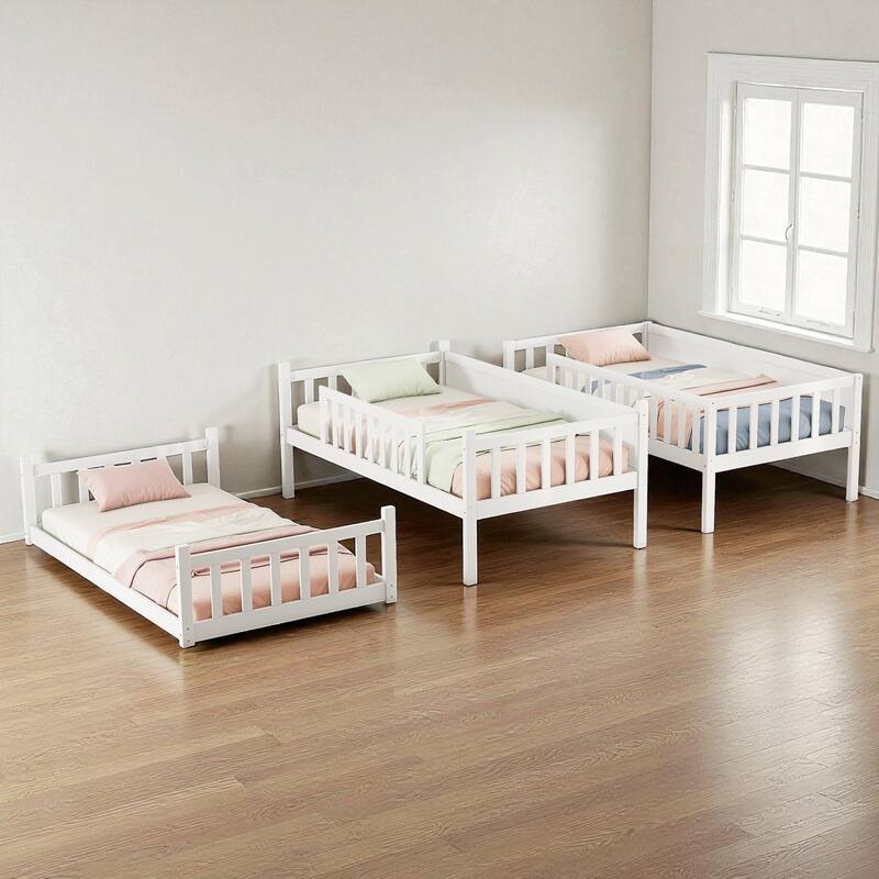 Twin Over Twin Over Twin Rubber Wood Triple Bunk Bed with Guardrails and Ladders, Detachable Convertible Triple Twin Bed Frame