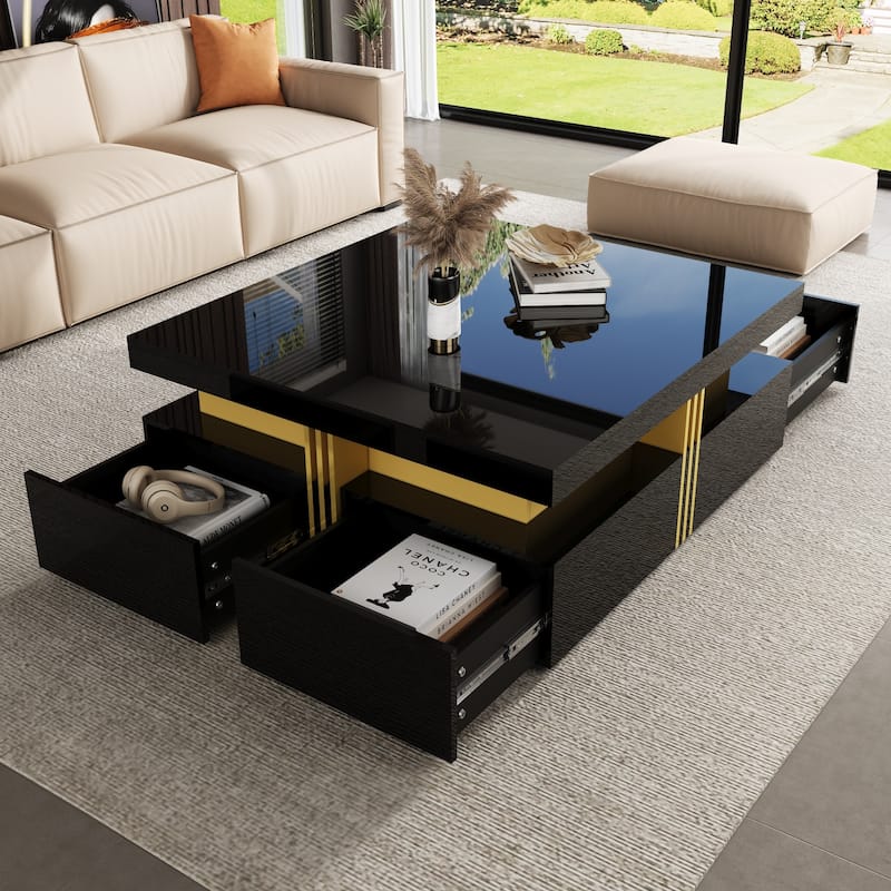 43.3" Modern Square Coffee Table with 4 Hidden Drawers, Glossy Living Room Table with Gold Accents, Space-Saving Storage Table