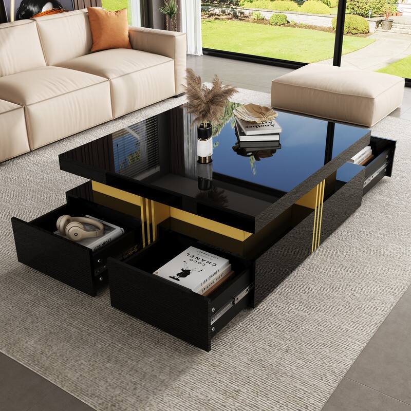 Modern Glossy Square Storage Coffee Table with Drawers - Black
