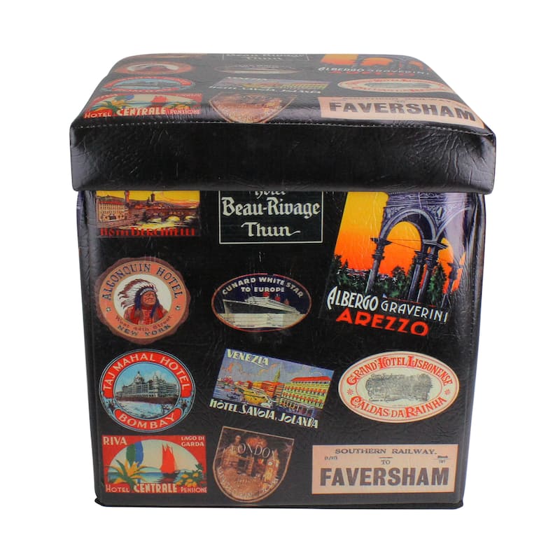 15"Brown Travel Stickers Collapsible Wooden Storage Ottoman