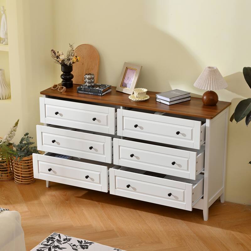 White 6 Drawer Dresser Wide Drawers Metal Handles Wooden Chest Bedroom Hallway Entryway
