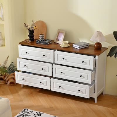 White Wooden Dresser – 6-Drawer Storage Chest with Wide Drawers & Metal Handles for Bedroom or Entryway‌