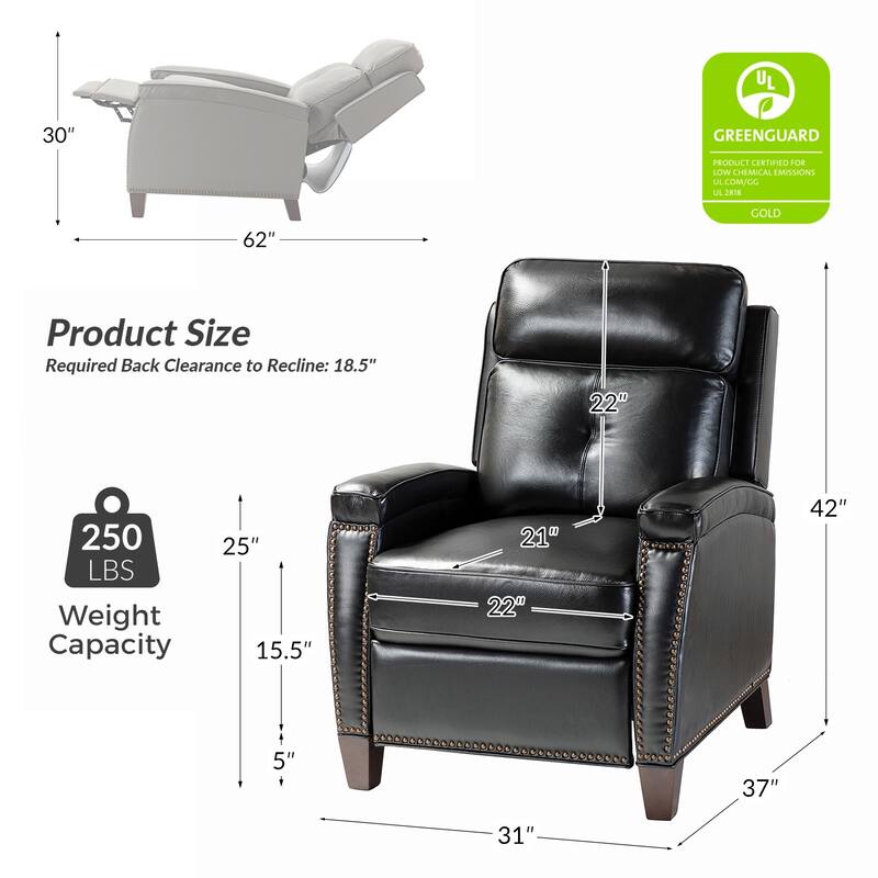 Gaspar Mid-Century Modern Genuine Leather Pushback Recliner with Wood legs Set of 2 by HULALA HOME