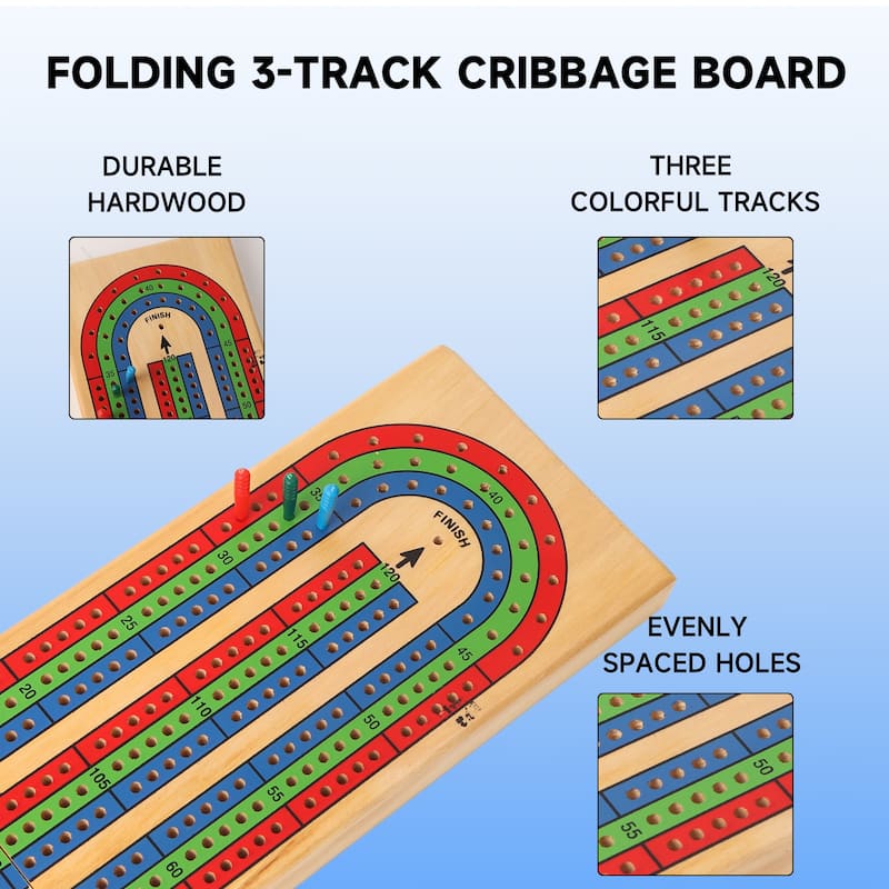 GSE™ Wooden Folding 3-Track Color Coded Portable Travel Cribbage Board with 6 Plastic Pegs