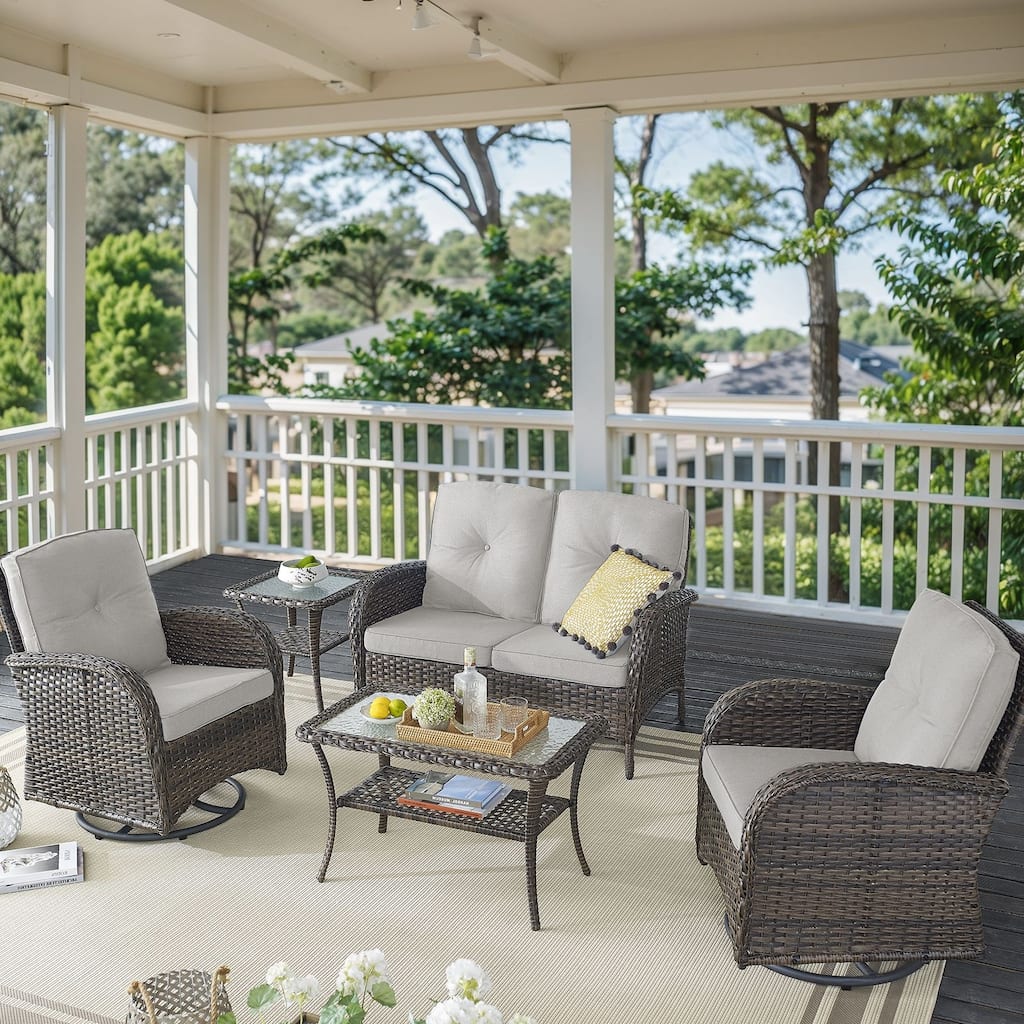 Outdoor Swivel Chairs Table with Loveseat Sofa- Beige - Brown