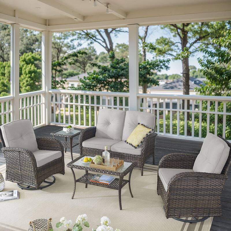 Outdoor Swivel Chairs Table with Loveseat Sofa- Beige - Brown - Brown - Beige
