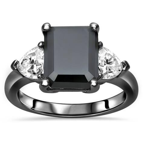 14K Black Gold Plating Over White Gold 3.0ct Emerald Cut Black Diamond Three Stone Trillion Moissanite Engagement Ring