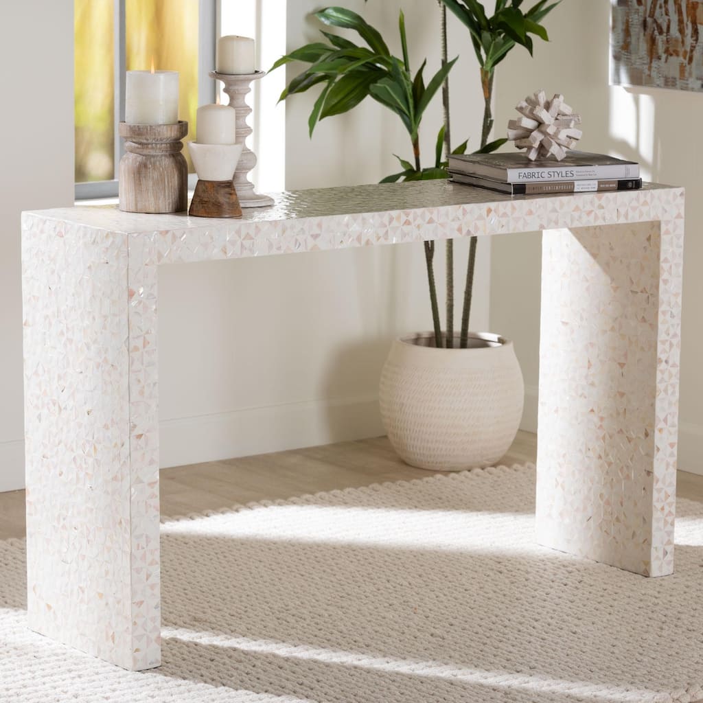 Magara Capiz Shell Console Table - Mother of Pearl Waterfall Accent Table with Textured Inlay Surface for Living Room or Hallway