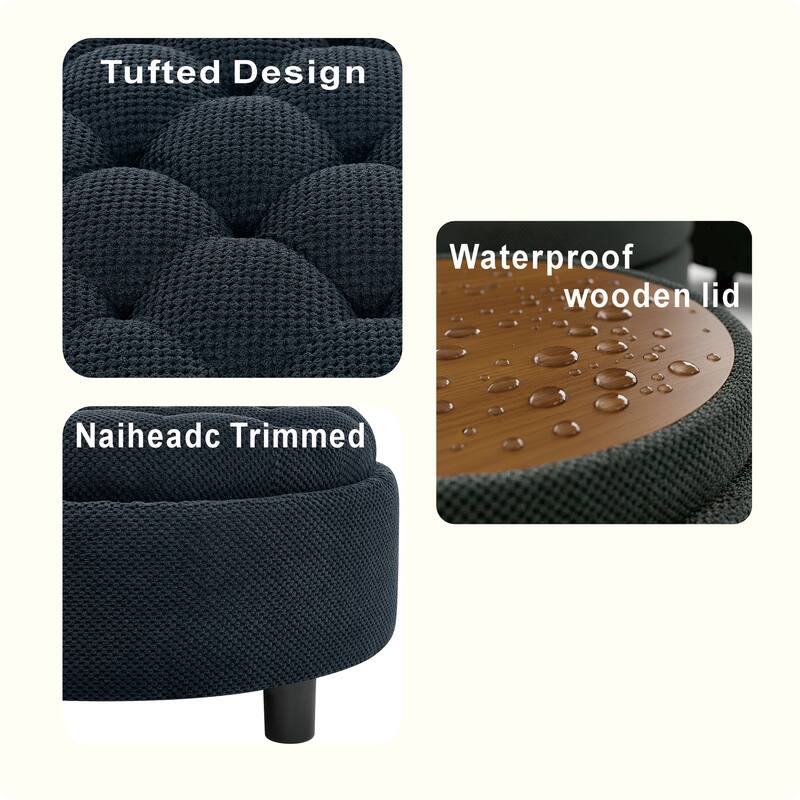 Round Storage Ottoman with Lift-Off Tray and Upholstered Fabric