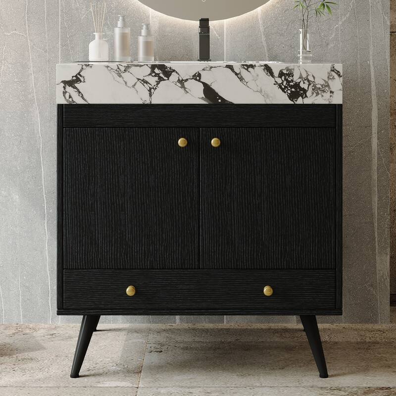 Mid-Century 30" Freestanding Bathroom Vanity with Faux Marble Top, Ceramic Sink & Gold Legs Cabinet