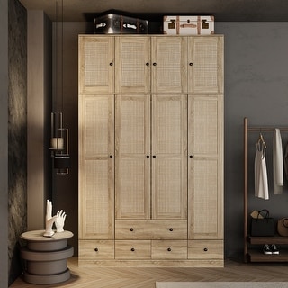Rattan-Accented Wardrobe - Spacious Clothing Organizer with Style
