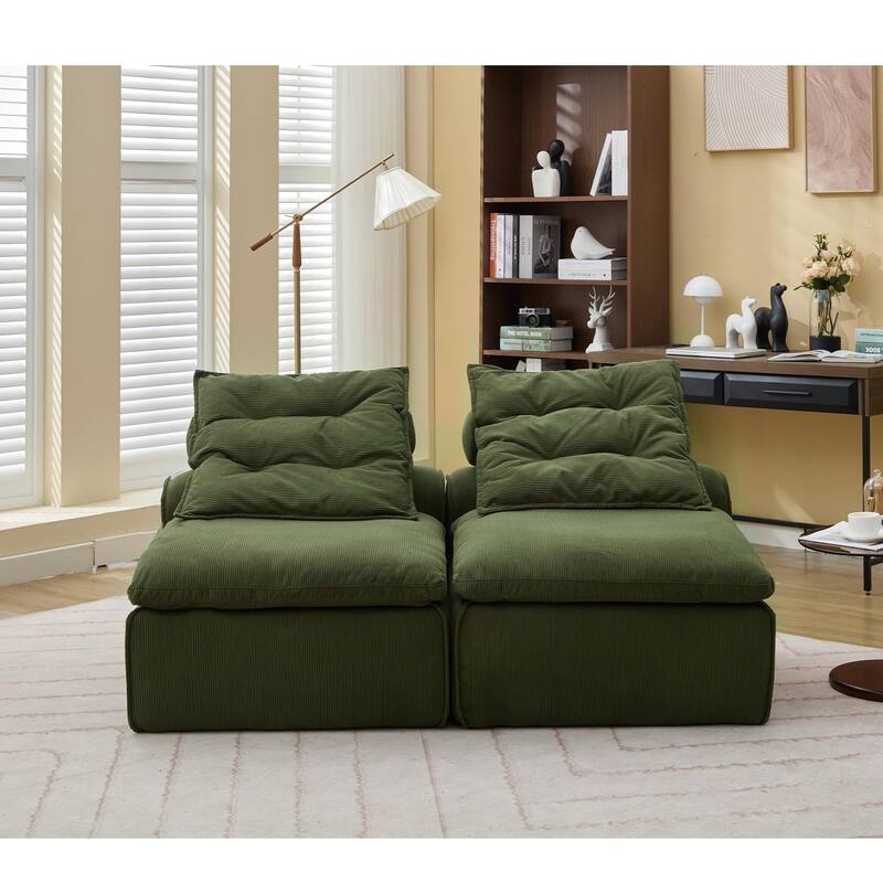 Modular 2-Seat Upholstered Green Sofa, DIY, Corduroy, with Neck & Lumbar Pillows