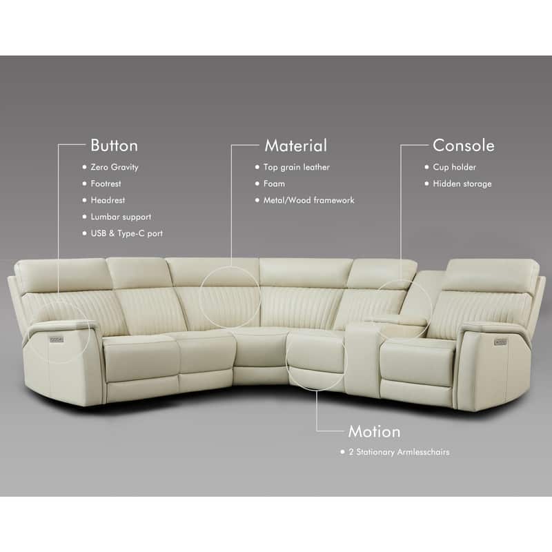 105" W Genuine Leather Power Sectional with Recliner Sofa Set with Triple Power, Single Console, USB&USB-C Ports