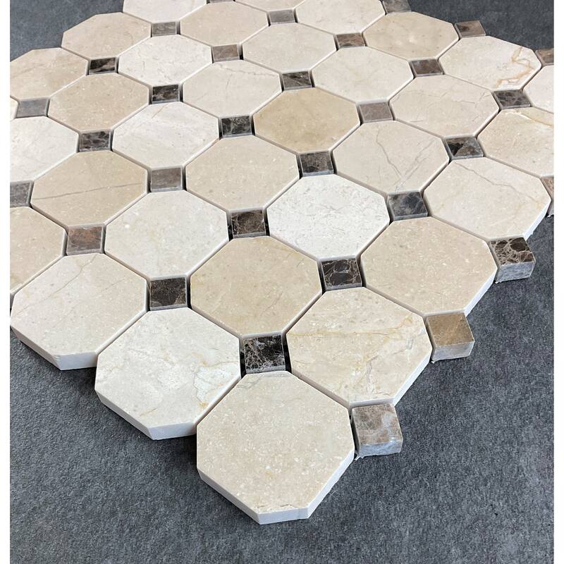 Cream Marfil 2" Octagon with Brown Dot Marble Mosaic Tiles - Case (10 Sheets)