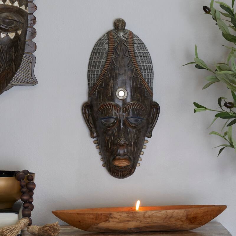 Brown Polystone Primitive African Mask and Standing African Woman Sculpture Wall Decor