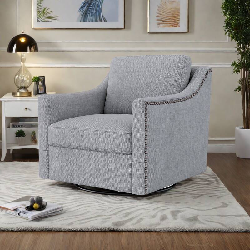 Cotton Linen Swivel Armchair with 360° Rotating Chair and Brass Nail Trim（300lb Capacity） - Grey
