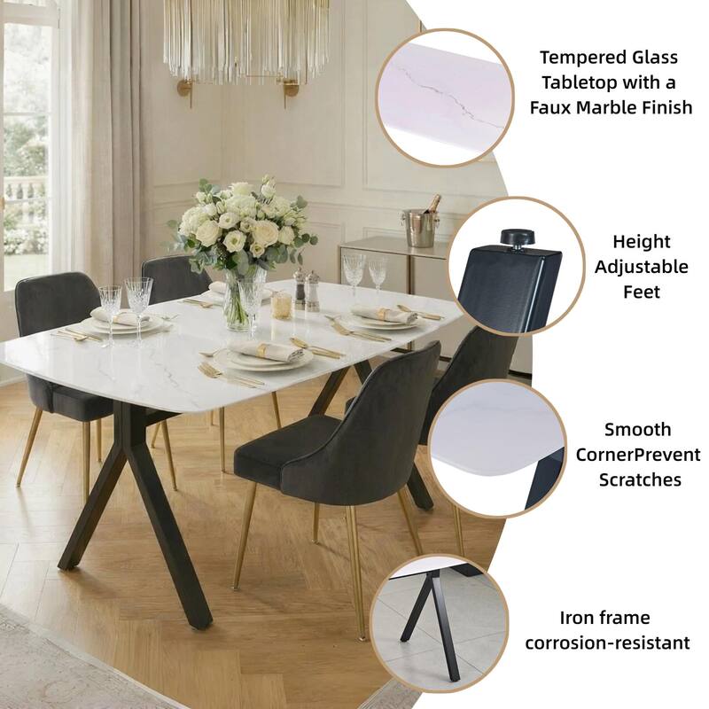 Rectangular dining table featuring a tempered glass tabletop with a marble-patterned design for restaurant dining settings