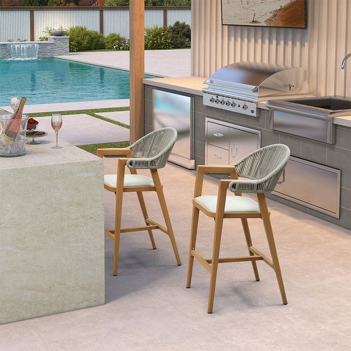 PURPLE LEAF Outdoor Bar Stools Chair Set of 2, All Weather Rattan and Aluminum Patio Bar Stool with Cushion - Teak-Height stool